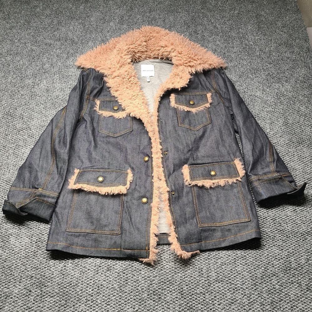 Y2K Penny Lane Inspired Denim Jean Faux Fur Coat Jacket Hippie Boho Chic Sz S